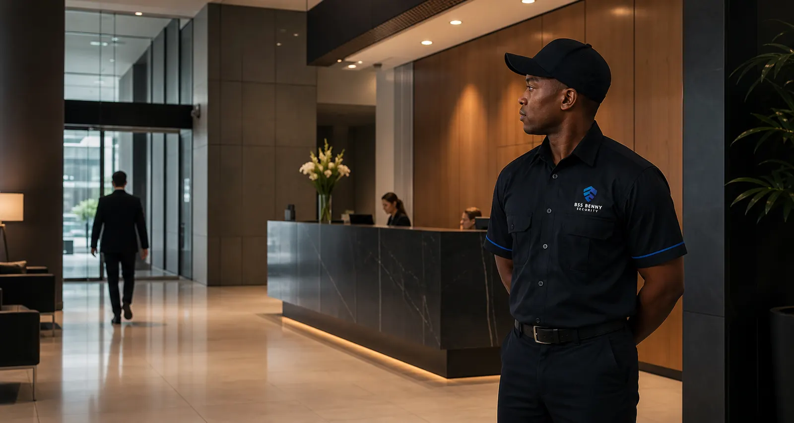 Professional security presence at a commercial entrance