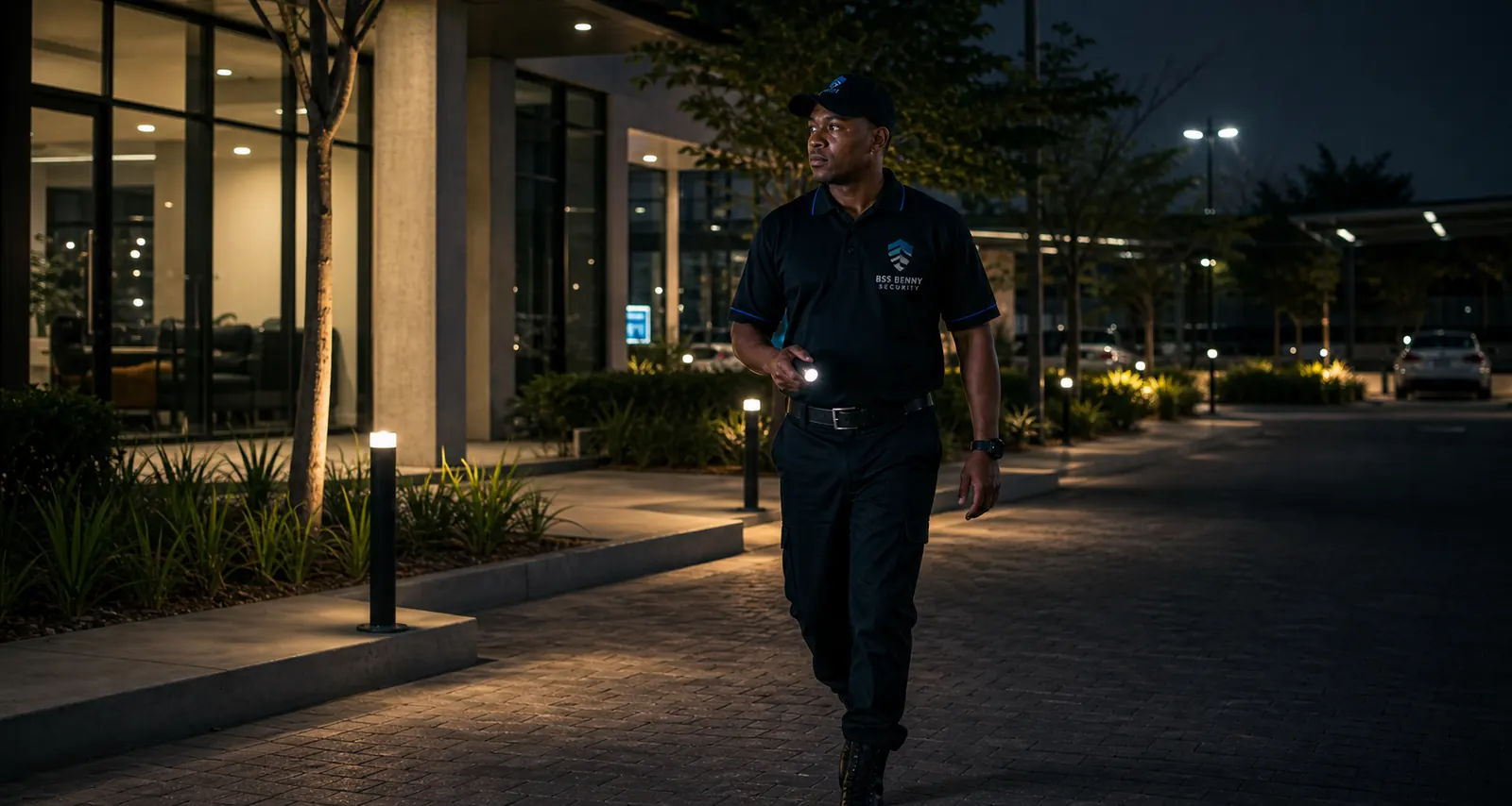 BSS officer patrolling a commercial property