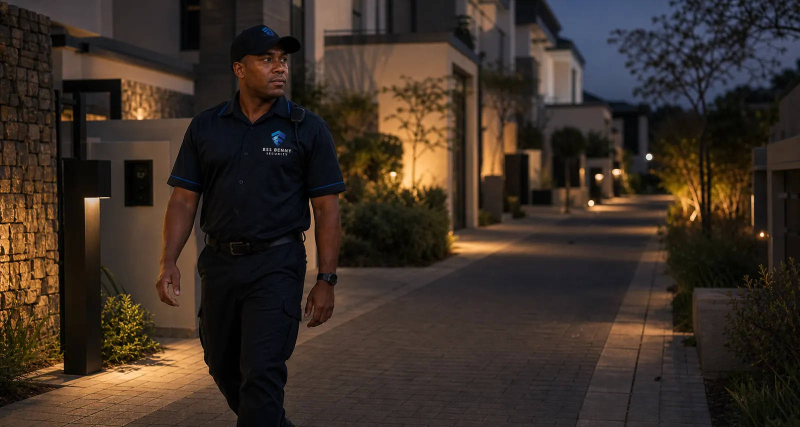 BSS security officer patrolling a residential estate at dusk